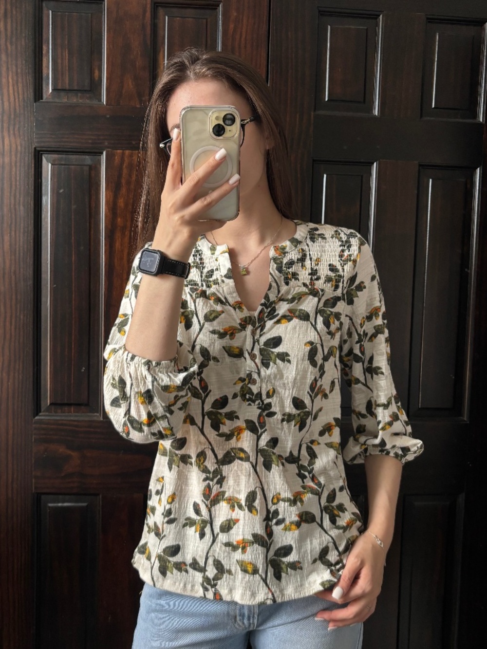 Bobeau Women’s Medium Floral Print Blouse White Green 3/4 Sleeve NWT